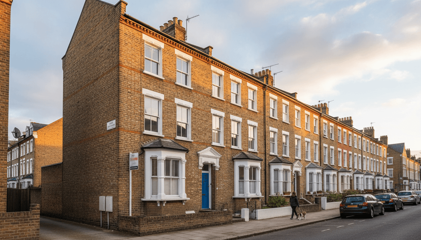 Well-maintained London HMO property with clean facade and blue front door in a residential neighbourhood