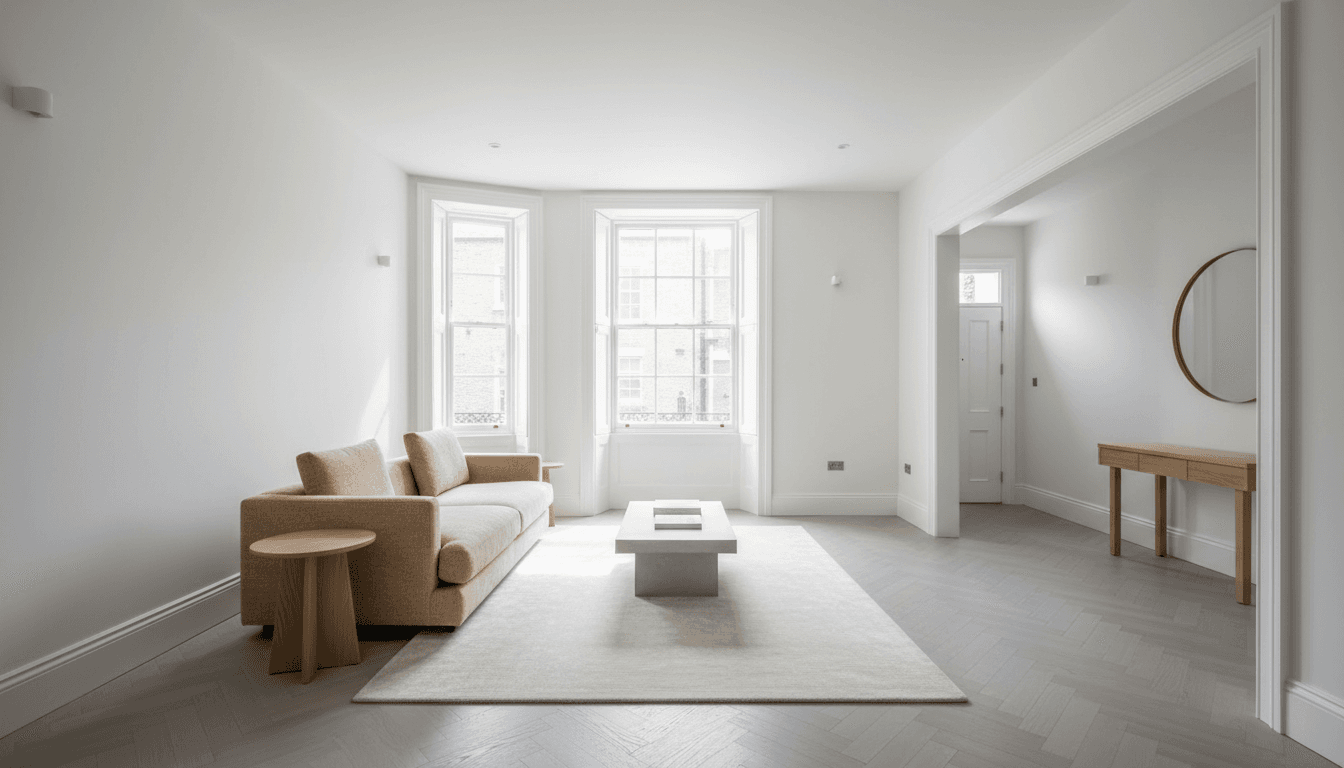 Recently refurbished apartment living area with natural light and clean finishes