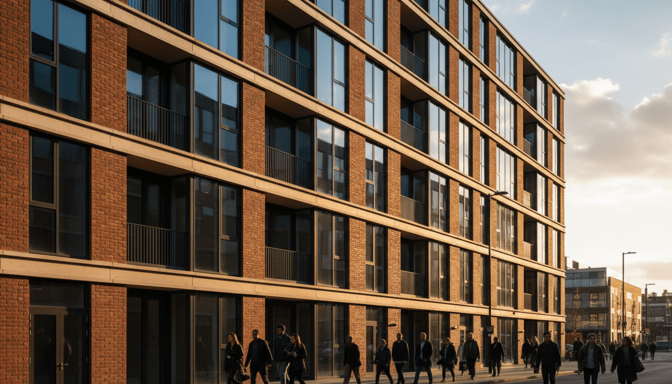 Modern London apartment building exterior with multiple units