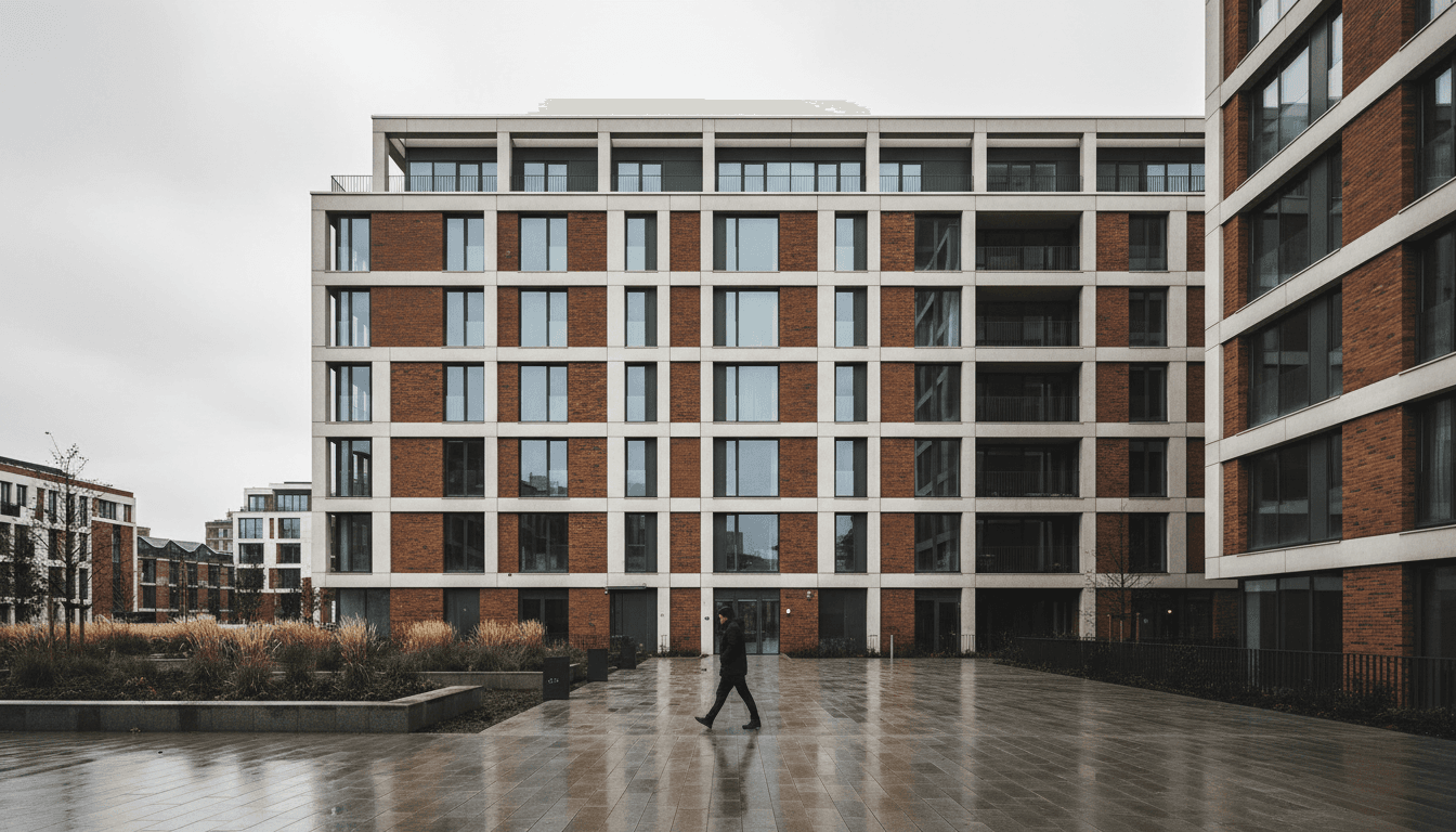 Modern apartment building in London under overcast sky