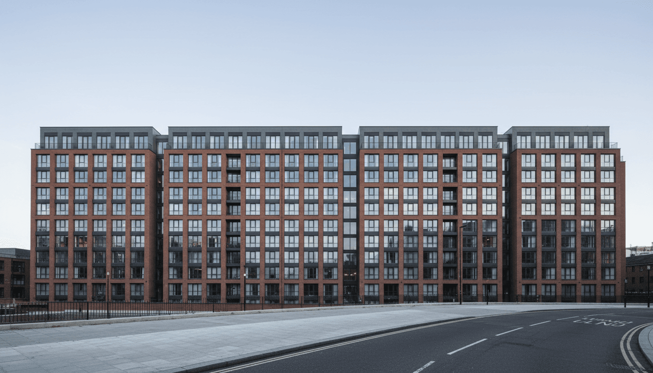 Modern apartment building in London with rows of windows lit from within, shot in flat documentary style