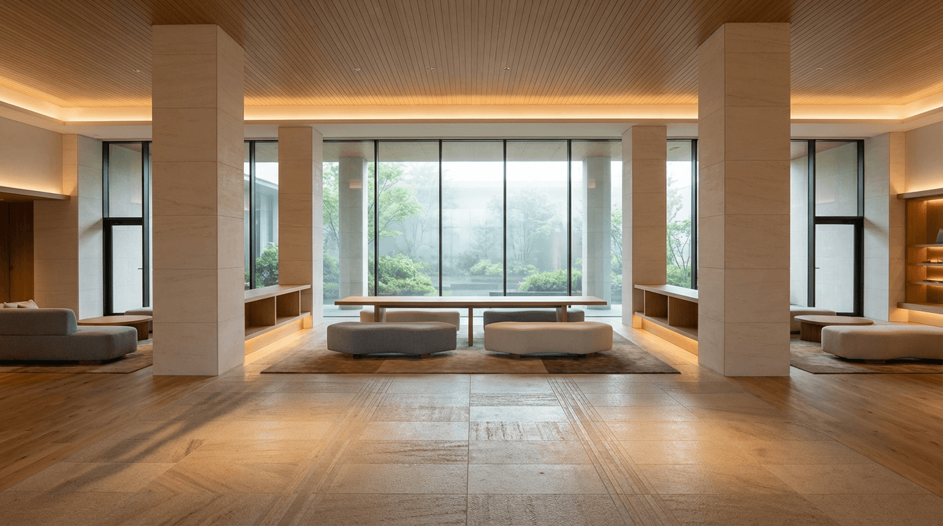 Modern residential building interior with contemporary communal spaces and residents